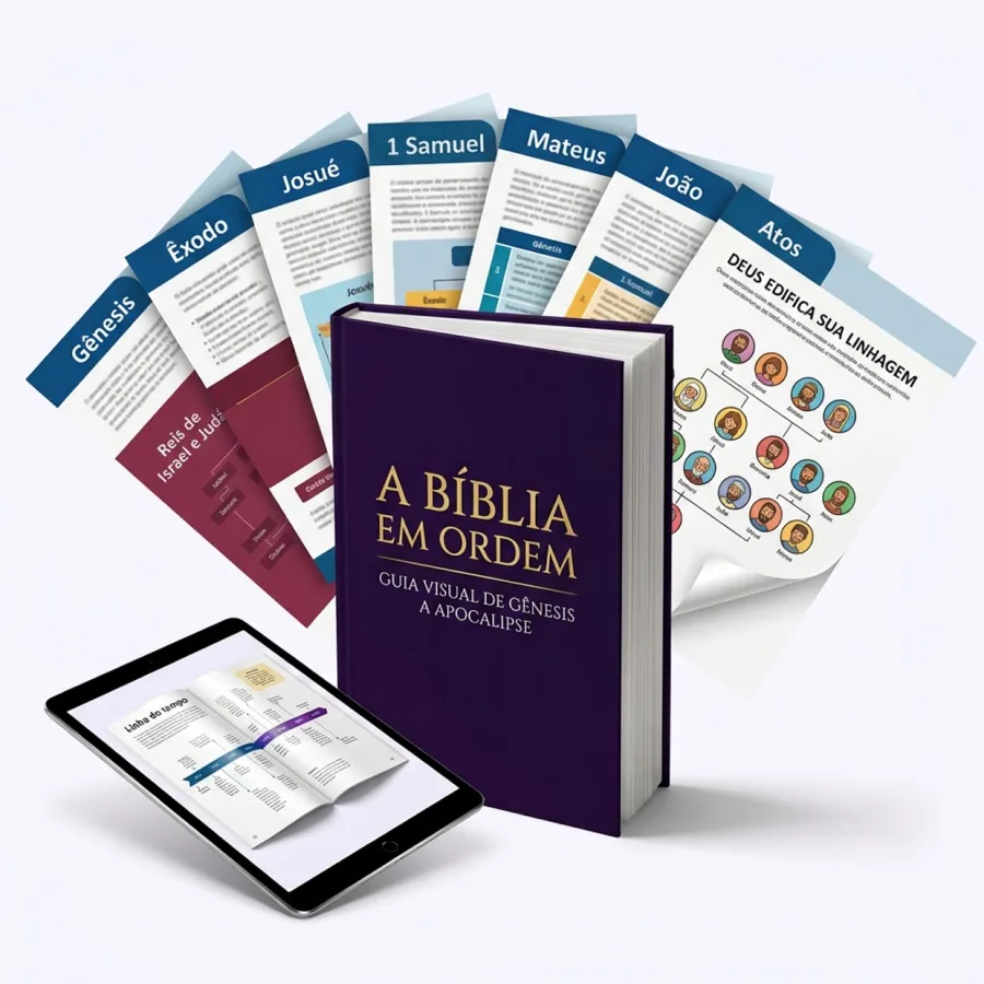 Mockup do guia A Bíblia em Ordem em versão impressa e digital